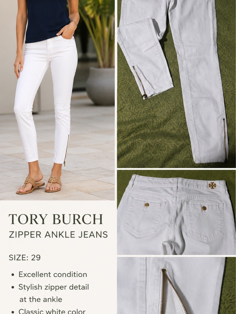 Tory Burch White Ankle Zip Skinny Jeans